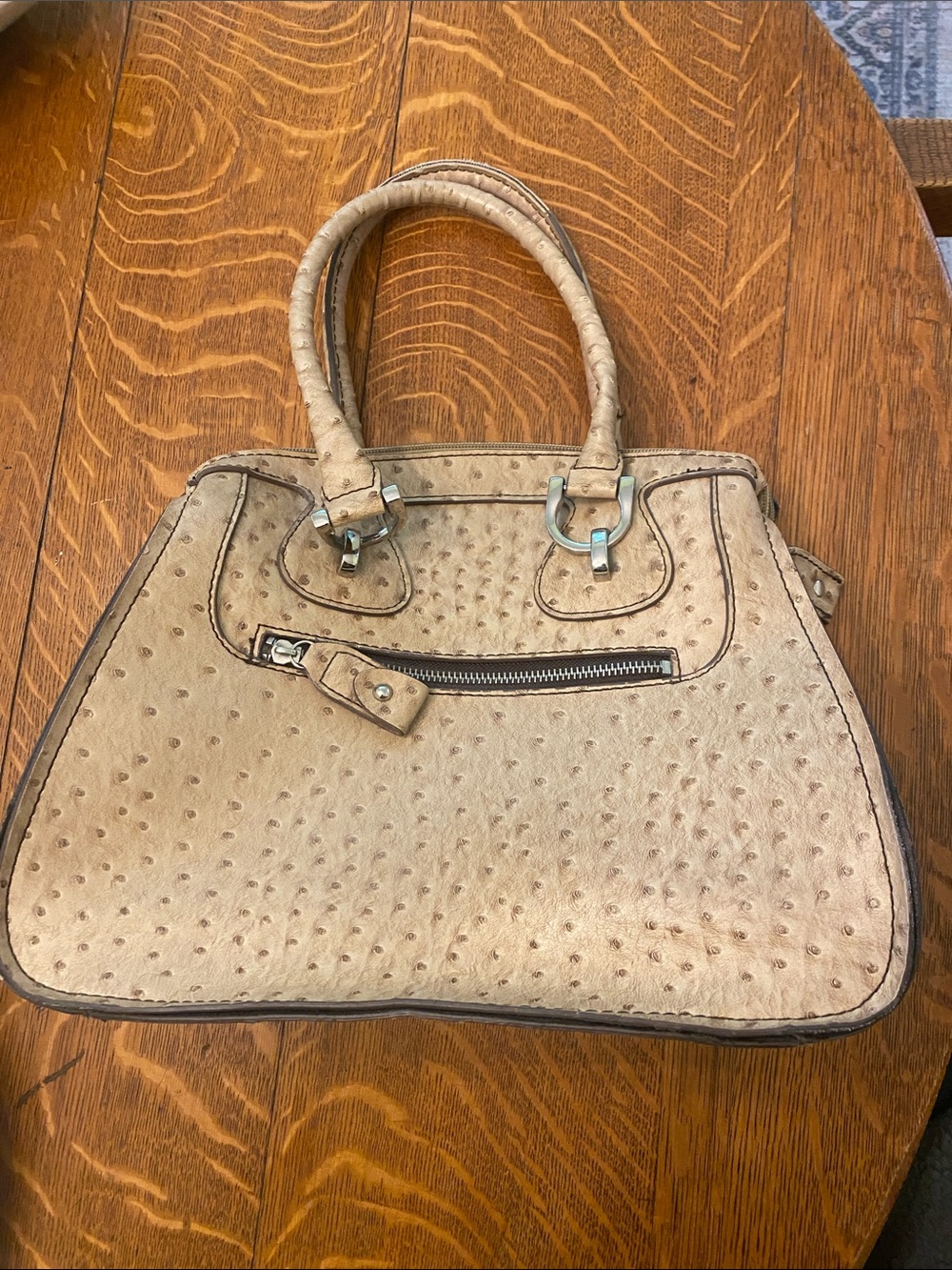 London Fog Beige Ostrich-Texture Satchel with Front Zip